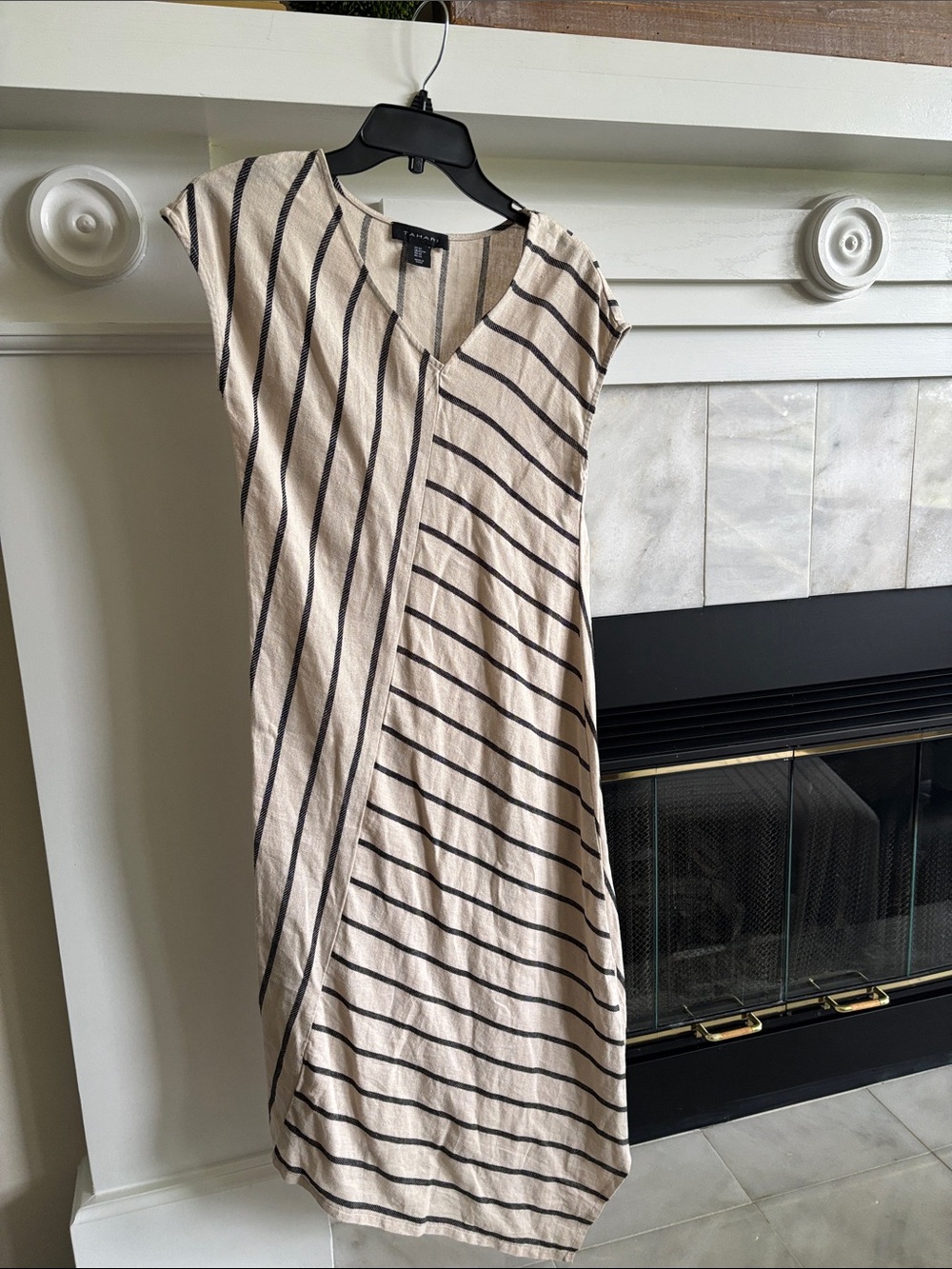Tahari Cream and Black Striped V-Neck Midi Dress
